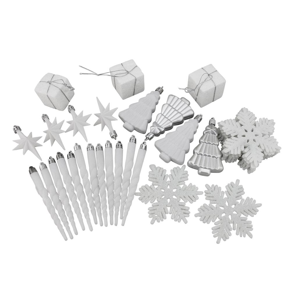 125ct Winter White and Silver Shatterproof 4-Finish Christmas Ornaments 5.5" (140mm). Picture 1