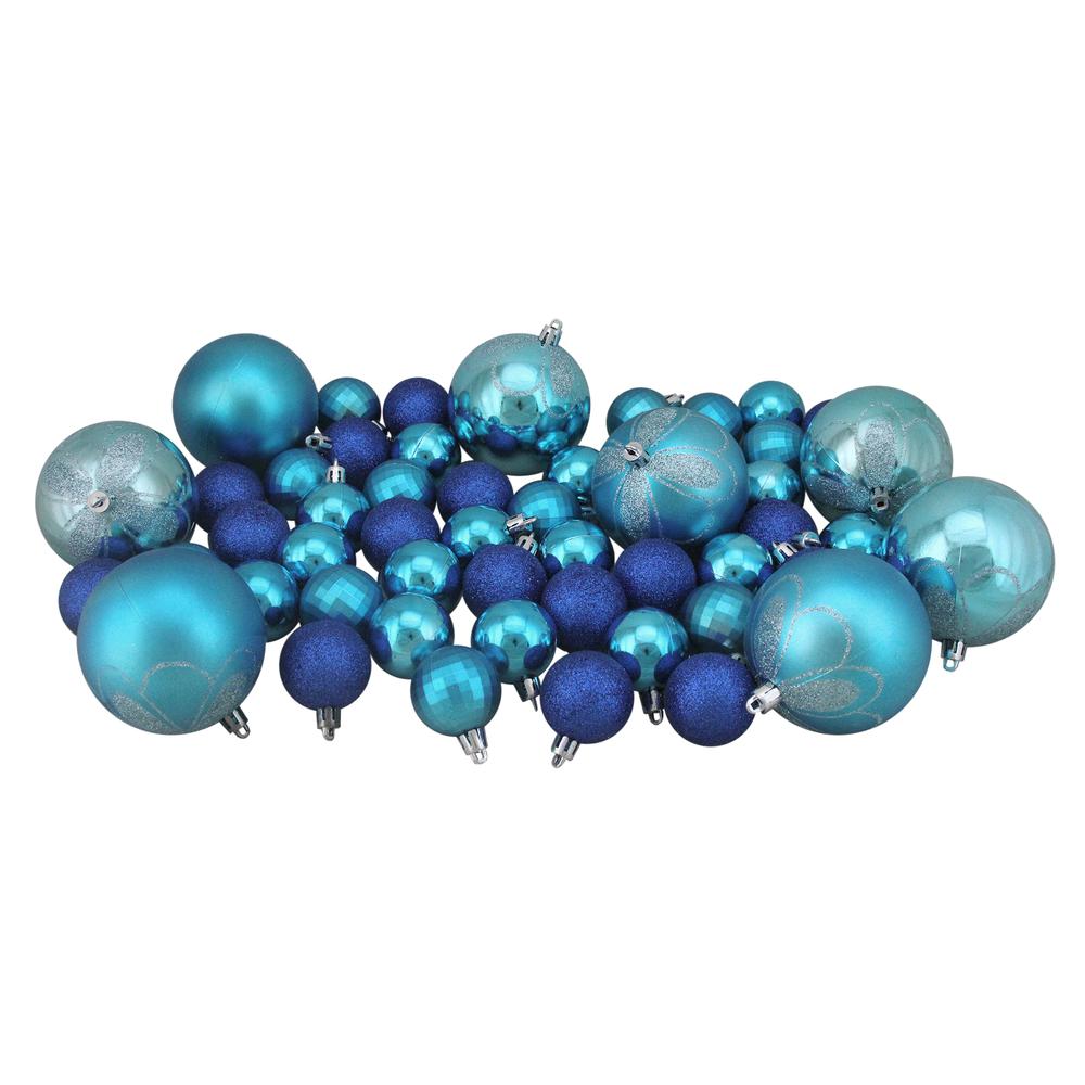 125ct Peacock Blue Shatterproof 4-Finish Christmas Ornaments 5.5" (140mm). Picture 1