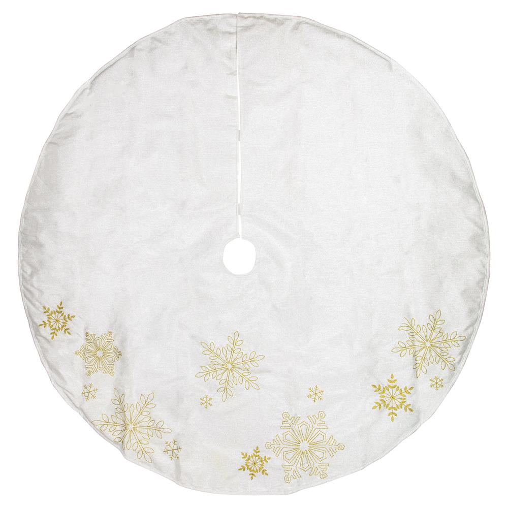 48" White with Gold Embroidered Snowflakes Christmas Tree Skirt. Picture 1