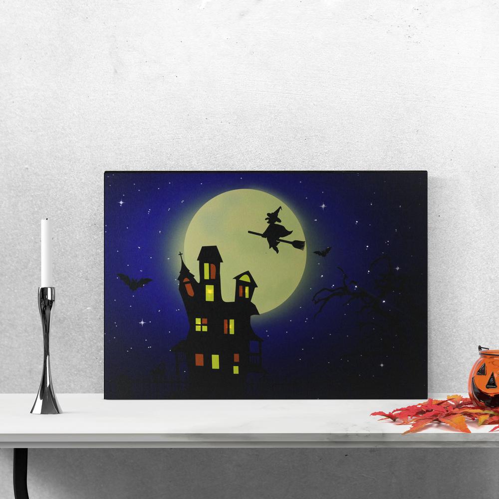 Fiber Optic and LED Lighted Witch in the Moon Halloween Canvas Wall Art 12" x 15.75". Picture 2