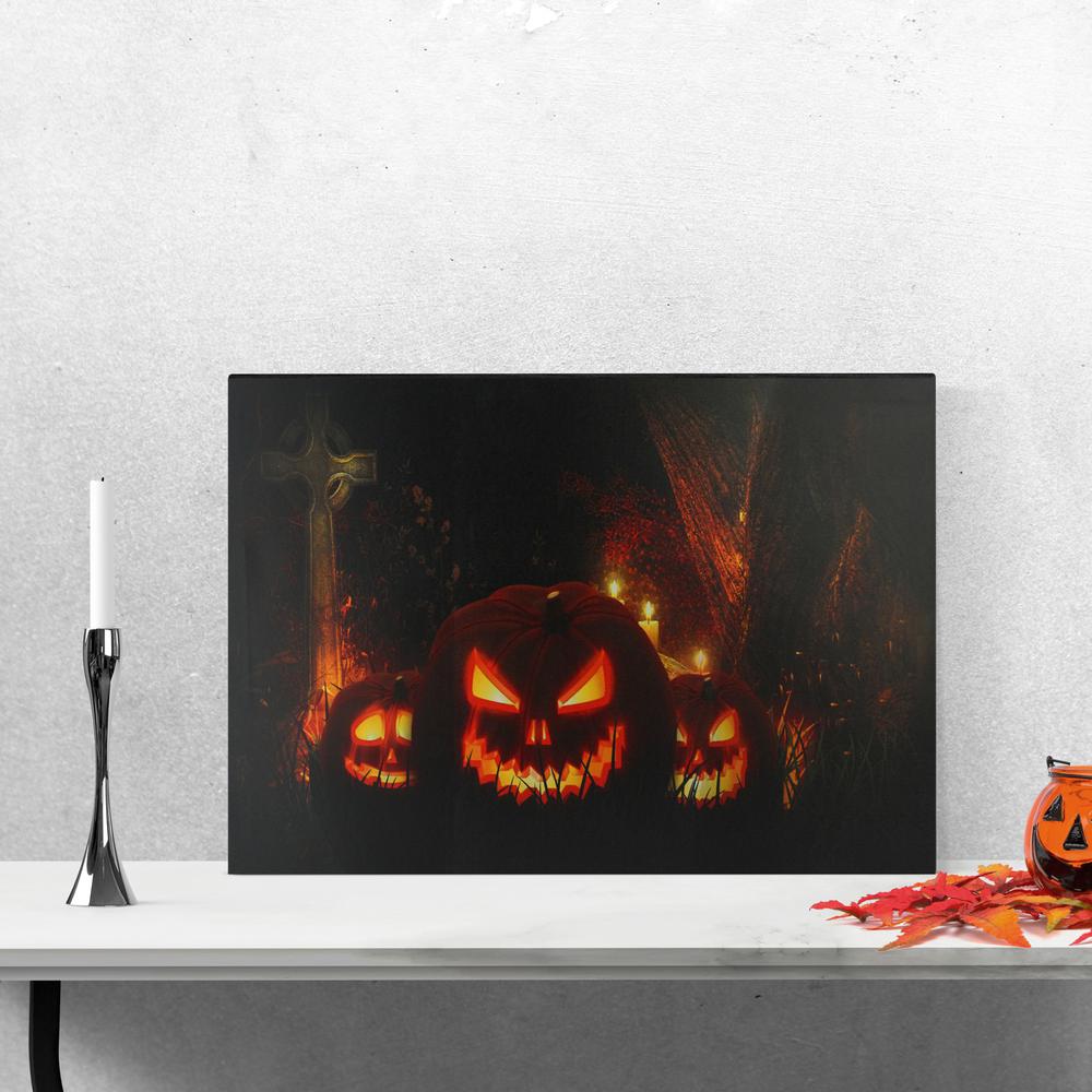 LED Lighted Jack-O-Lanterns in a Cemetery Halloween Canvas Wall Art 23.5" x 15.5". Picture 2