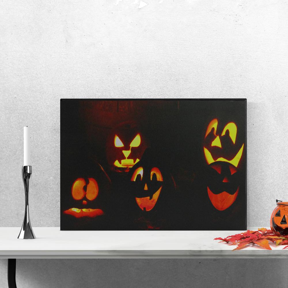 LED Lighted Silly and Spooky Jack-O-Lanterns Halloween Canvas Wall Art 15.75" x 12". Picture 2
