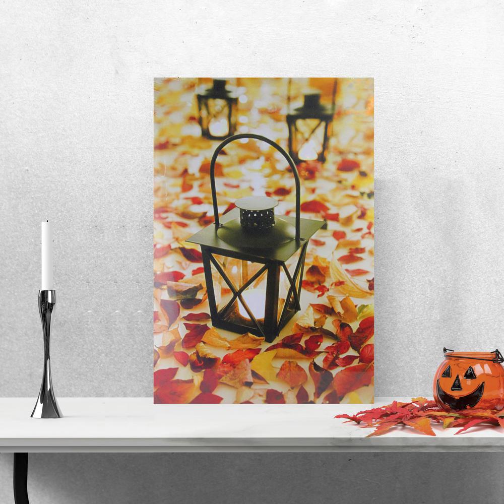 LED Lighted Fall Foliage and Lanterns Canvas Wall Art 23.5" x 15.5". Picture 2