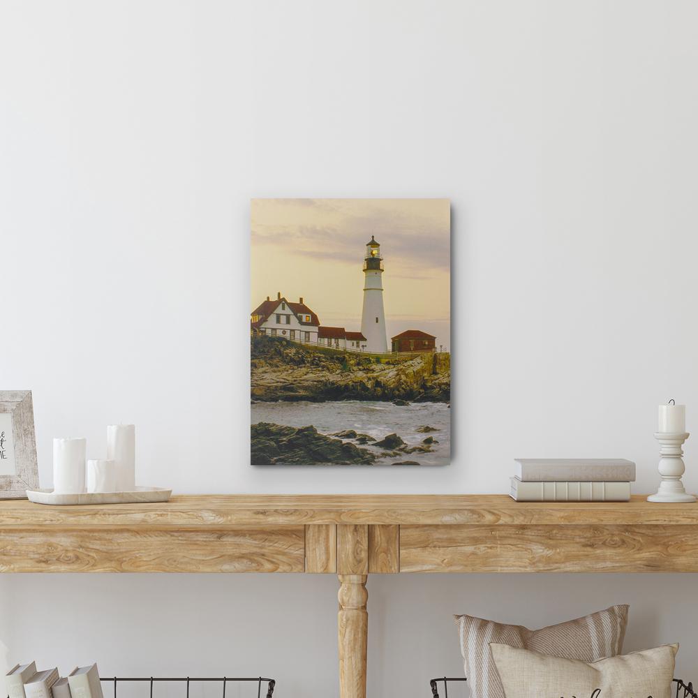 LED Lighted Cottage Lighthouse Shoreline at Sunset Canvas Wall Art 15.75". Picture 2