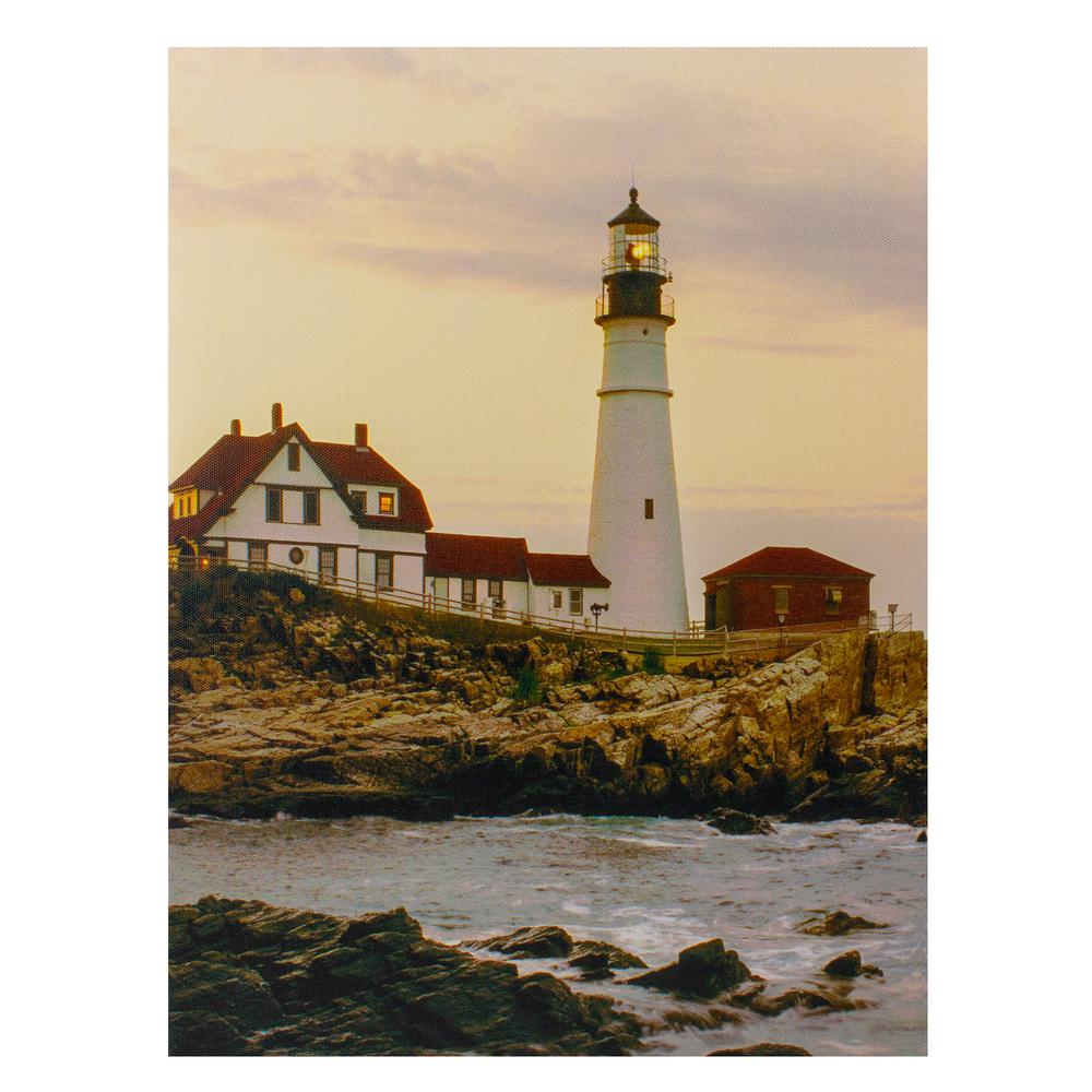 LED Lighted Cottage Lighthouse Shoreline at Sunset Canvas Wall Art 15.75". Picture 1