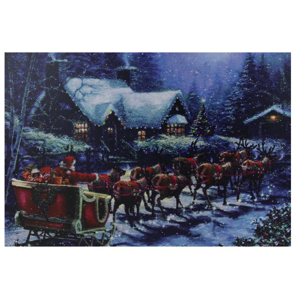 LED Lighted Santa Claus in Sleigh Christmas Canvas Wall Art 15.75" x 23.5". Picture 1