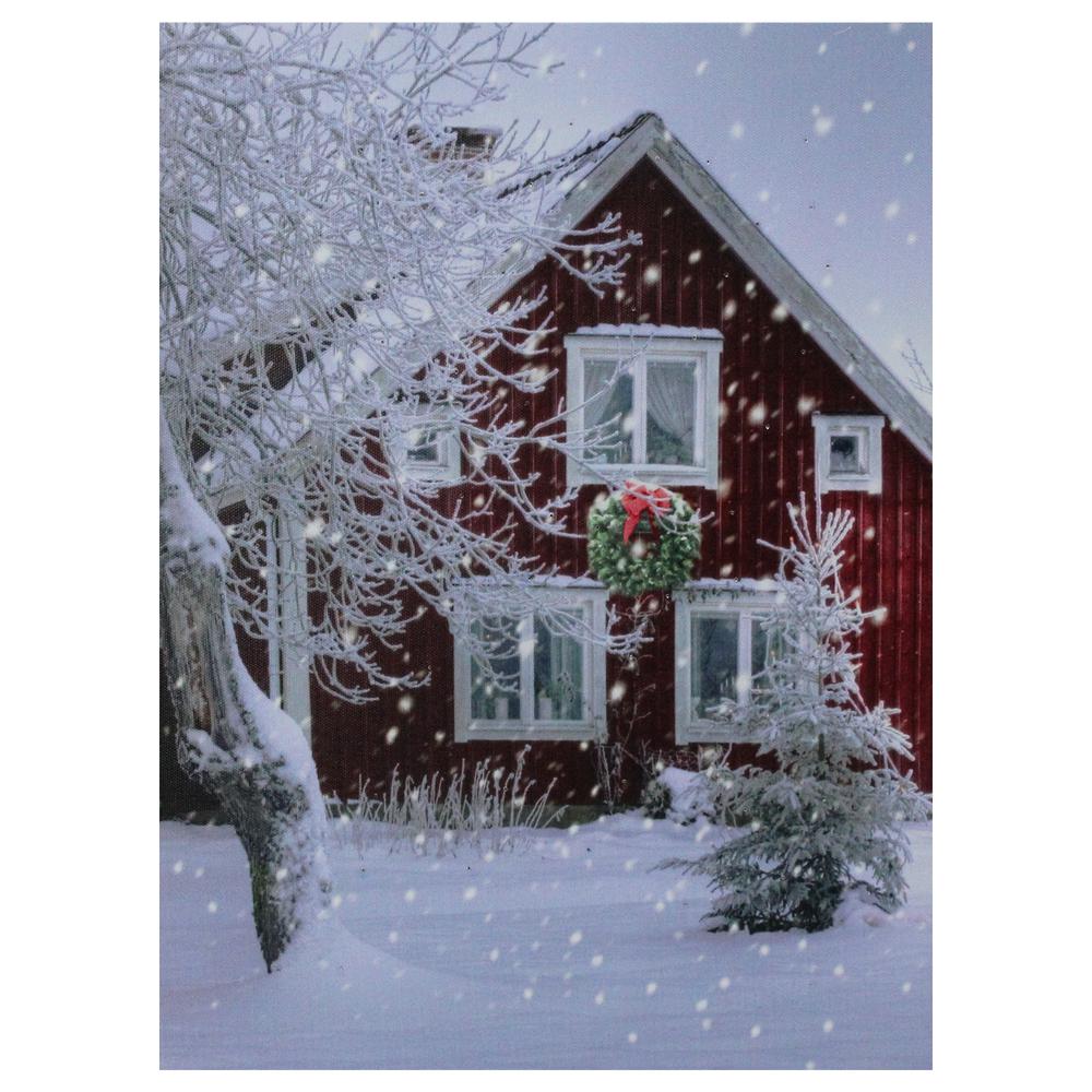 LED Fiber Optic Lighted Red Snowy Barn House Christmas Wall Art 15.75" x 12". Picture 1