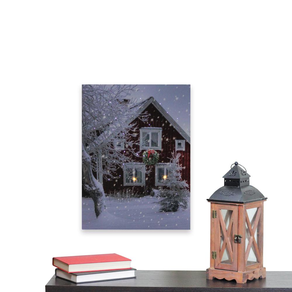 LED Fiber Optic Lighted Red Snowy Barn House Christmas Wall Art 15.75" x 12". Picture 4