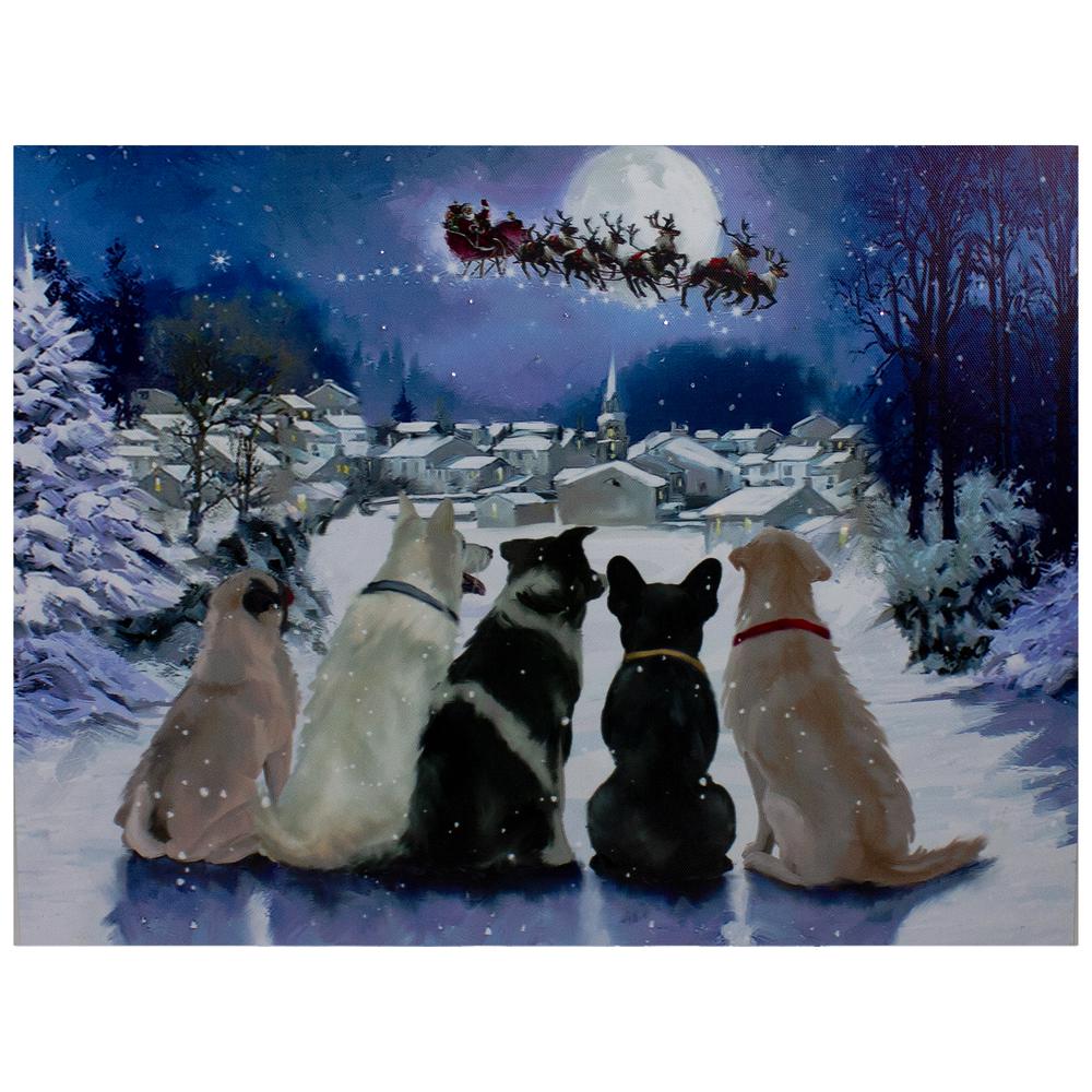 LED Lighted Fiber Optic Dogs and Santa's Sleigh Christmas Wall Art 12" x 15.75". Picture 1