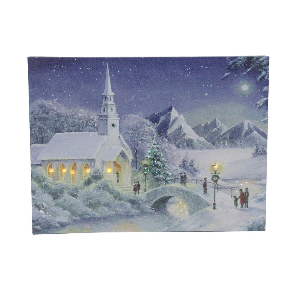 LED Fiber Optic Lighted Snow Covered Church Christmas Wall Art 15.75" x 12". Picture 1