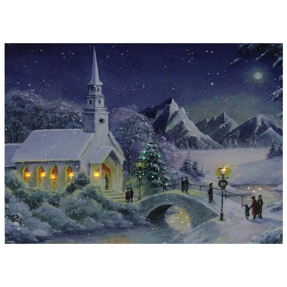 LED Fiber Optic Lighted Snow Covered Church Christmas Wall Art 15.75" x 12". Picture 3