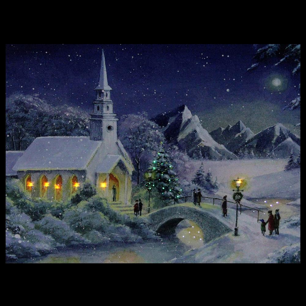 LED Fiber Optic Lighted Snow Covered Church Christmas Wall Art 15.75" x 12". Picture 4