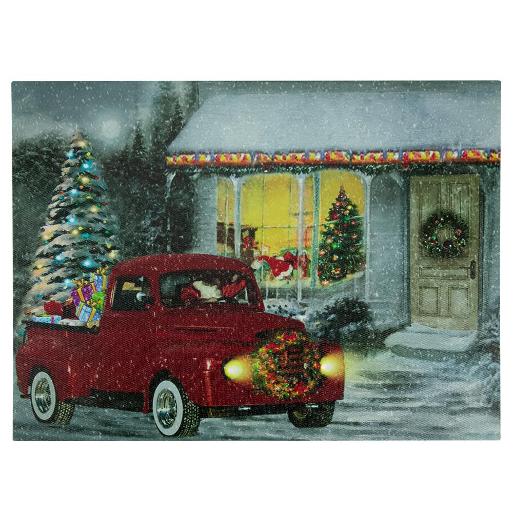 LED Lighted Fiber Optic Santa in Truck Christmas Canvas Wall Art 11.75" x 15.75". Picture 1
