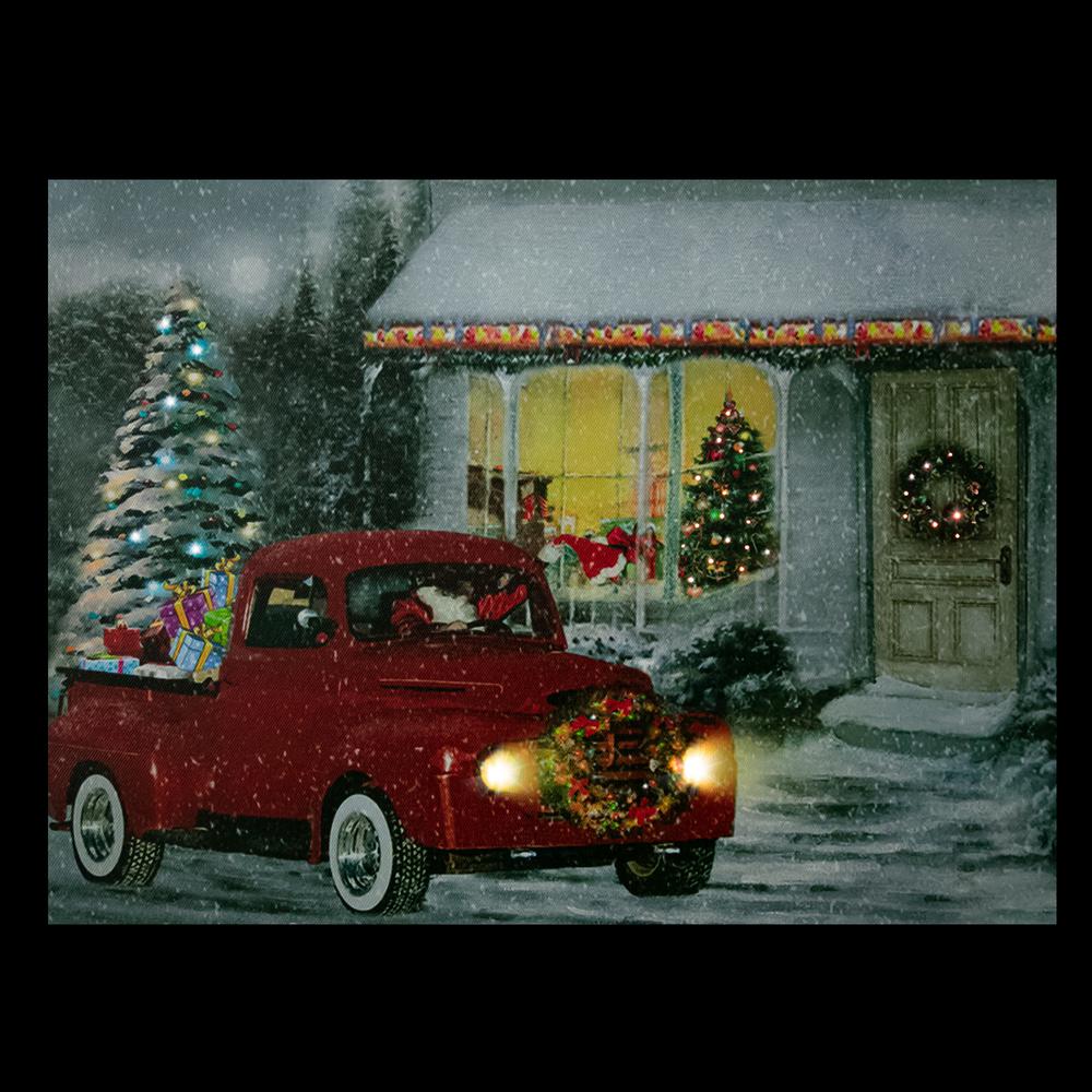 LED Lighted Fiber Optic Santa in Truck Christmas Canvas Wall Art 11.75" x 15.75". Picture 3