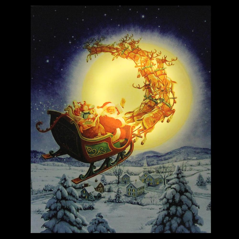 LED Back Lit Flying Santa Claus and Sleigh Christmas Wall Art 19.75" x 15.75". Picture 3