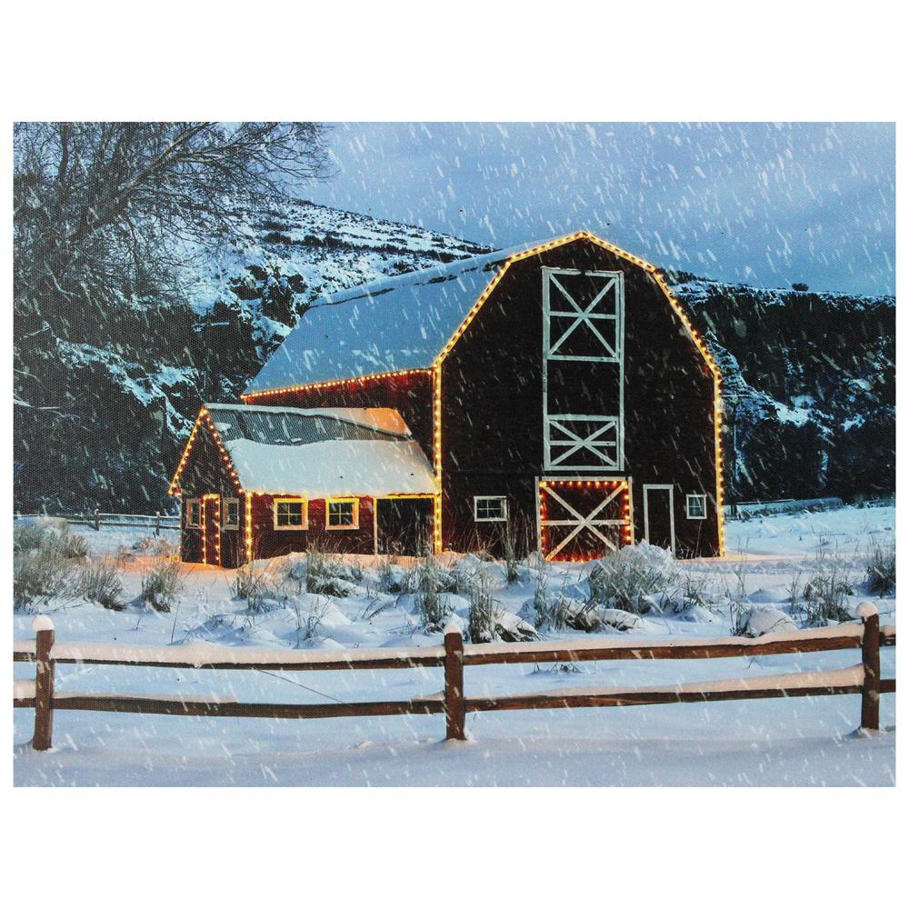 LED Fiber Optic Snowy Red Barn Christmas Canvas Wall Art 15.75" x 12". Picture 1