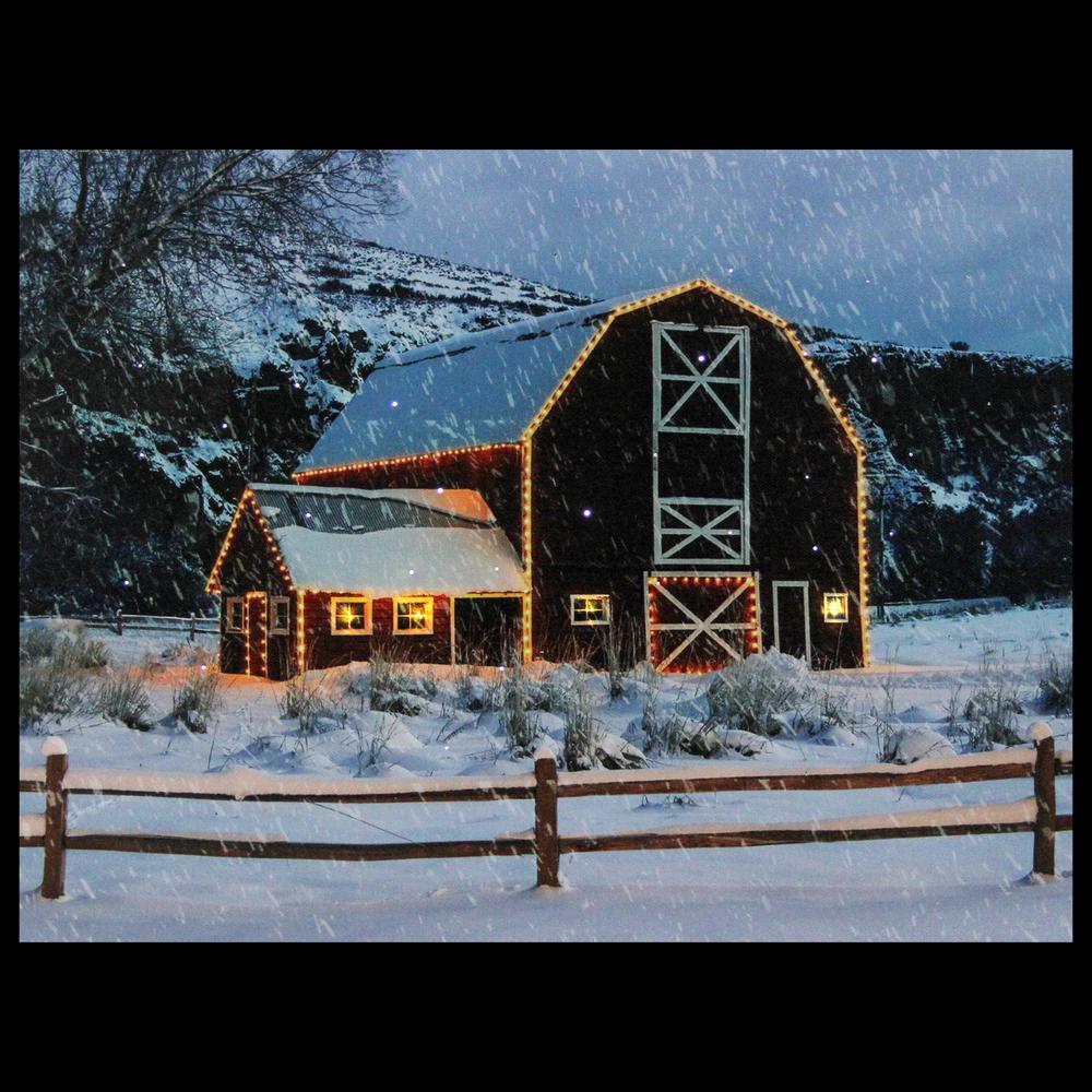 LED Fiber Optic Snowy Red Barn Christmas Canvas Wall Art 15.75" x 12". Picture 3