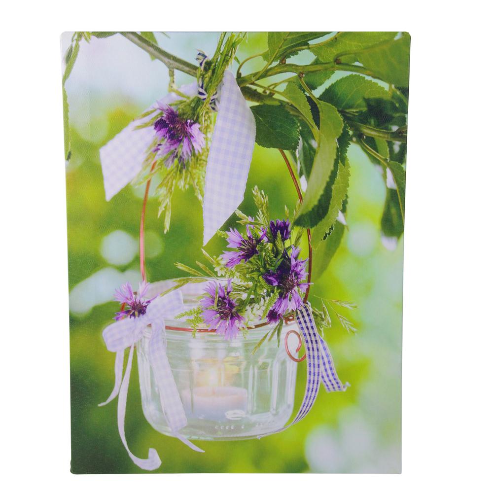 LED Lighted Tea Candle with Purple Flowers Canvas Wall Art 15.75" x 11.75". Picture 1
