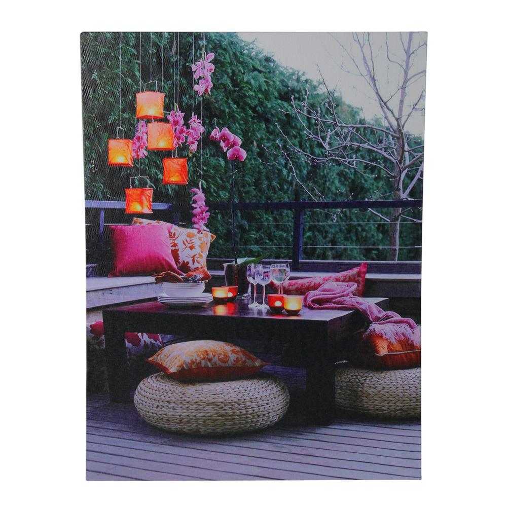 LED Lighted Pink Orchid and Candle Lantern Patio Party Scene Canvas Wall Art 15.75" x 11.75". Picture 1