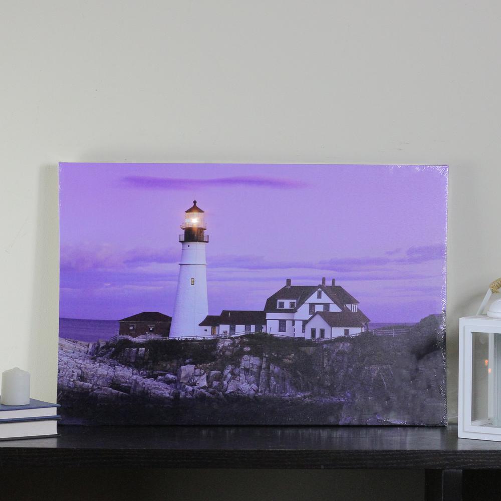 LED Lighted Coastal Lighthouse Home with Sunset Canvas Wall Art 15.75" x 23.5". Picture 4