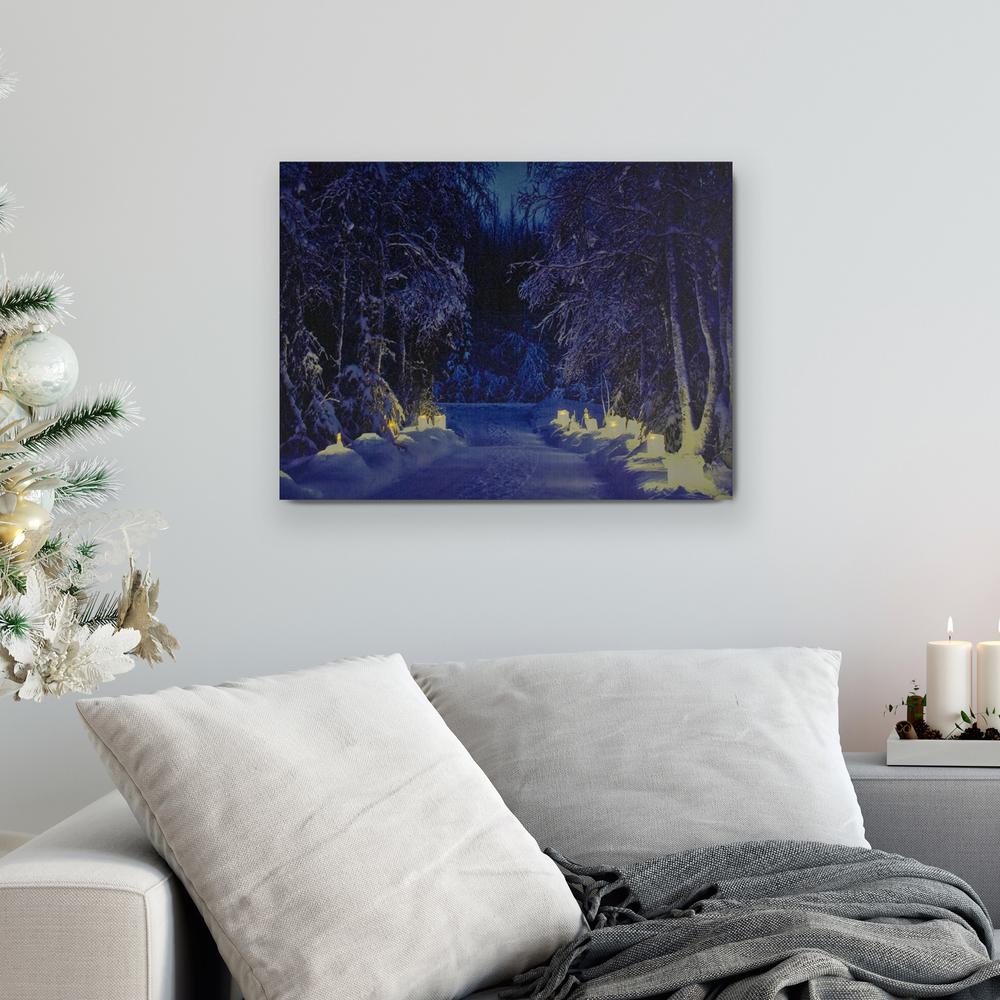 LED Lighted Nighttime in the Woods Winter Scene Canvas Wall Art 15.75". Picture 2