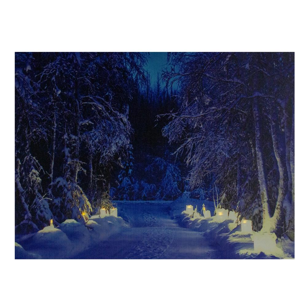LED Lighted Nighttime in the Woods Winter Scene Canvas Wall Art 15.75". Picture 1