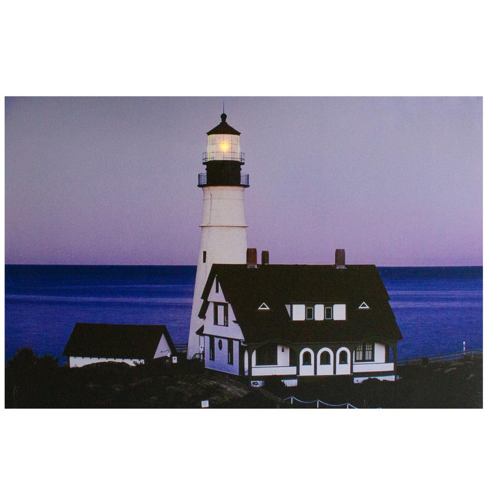 LED Lighted Dusk Lighthouse Seaside Scene Canvas Wall Art 15.75" x 23.75". Picture 1