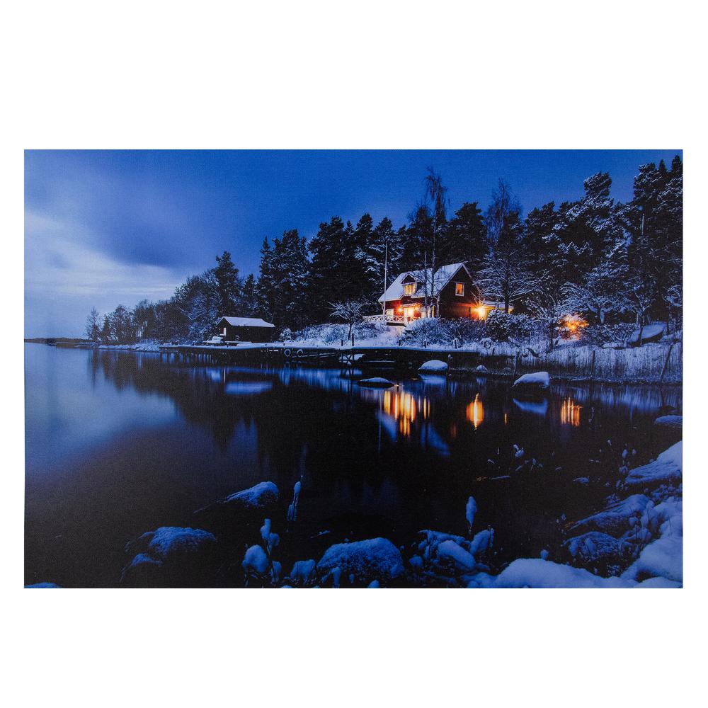 23.75" LED Lighted Rustic Lodge Cabin on the Lake Canvas Wall Art. Picture 1