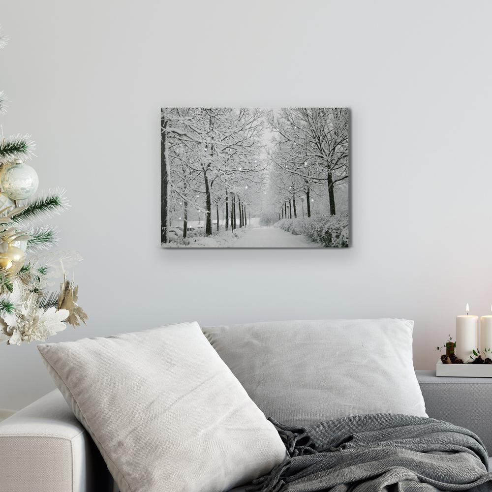 LED Lighted Fiber Optic Twinkling Snow Covered Tree Scene Canvas Wall Art 15.75" x 11.75". Picture 2