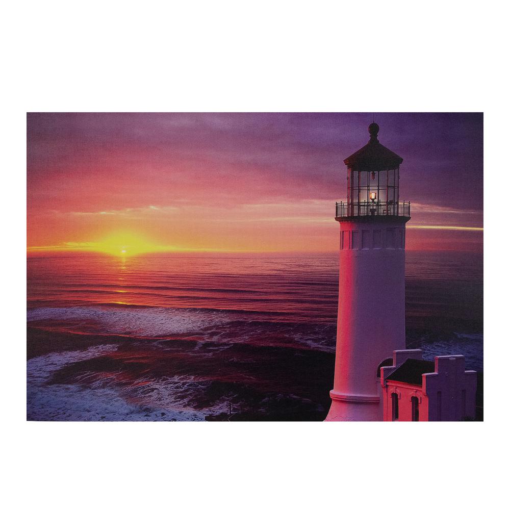 23.75" LED Lighted Sunset Lighthouse Seaside Scene Canvas Wall Art. Picture 1