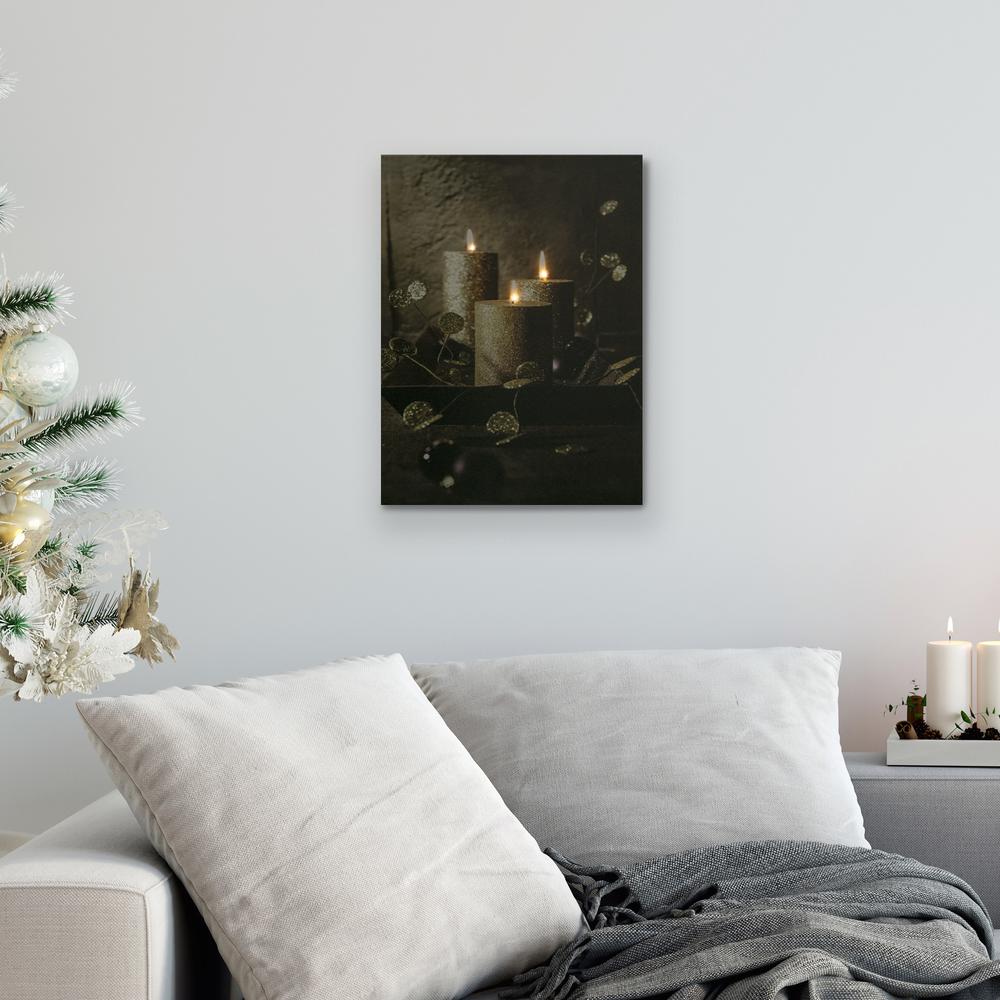 LED Lighted Glittery Gold Flickering Candles Christmas Canvas Wall Art 15.75" x 11.75". Picture 2