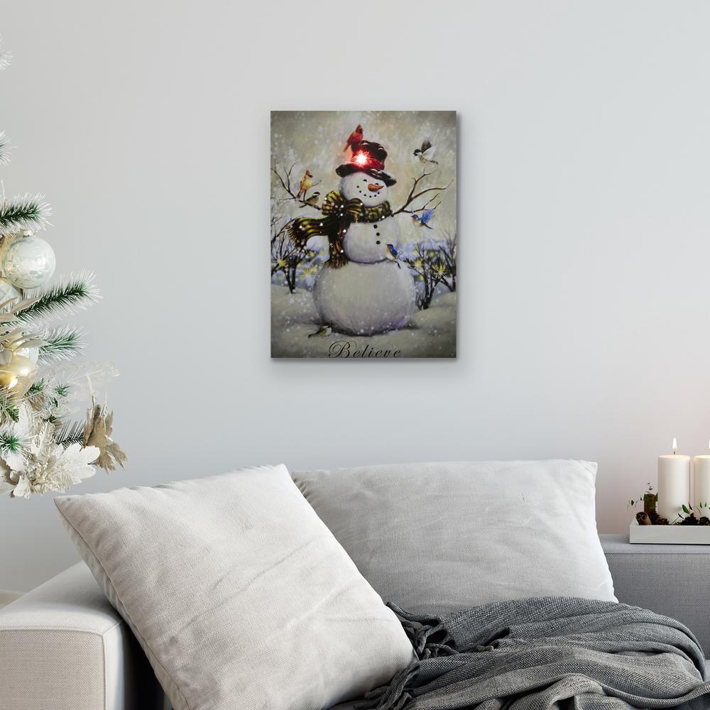 LED Lighted Snowman and Bird Friends Christmas Canvas Wall Art 15.75" x 11.75". Picture 2