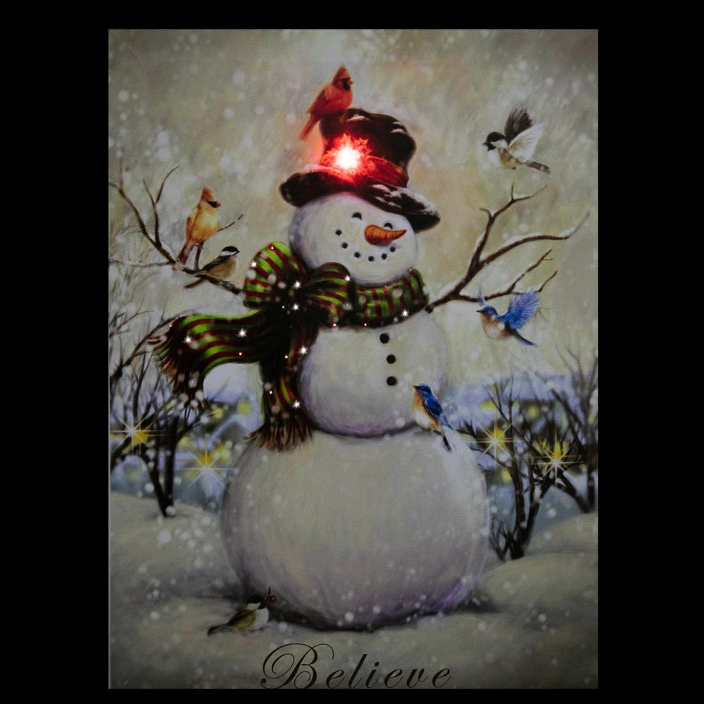 LED Lighted Snowman and Bird Friends Christmas Canvas Wall Art 15.75" x 11.75". Picture 3