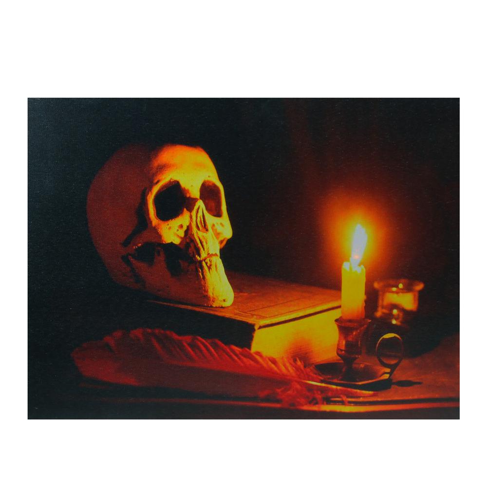 Black and Orange LED Lighted Skull Halloween Wall Art 12" x 15.75". Picture 1