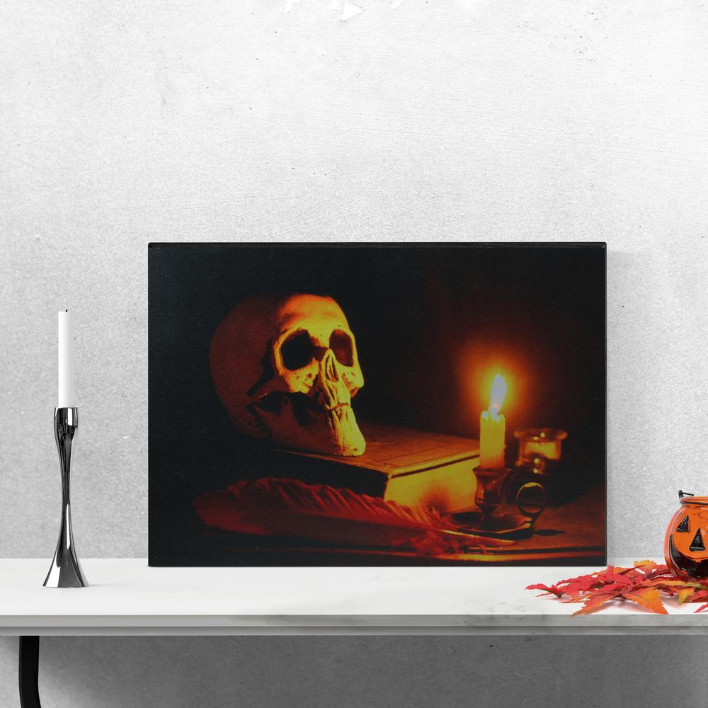 Black and Orange LED Lighted Skull Halloween Wall Art 12" x 15.75". Picture 2