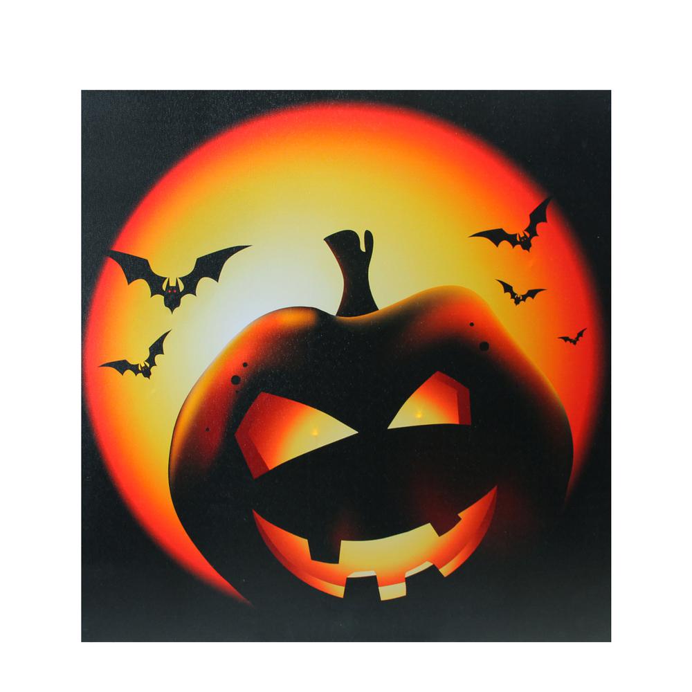 LED Lighted Bats and Jack-O-Lantern Halloween Canvas Wall Art 19.75" x 19.75". Picture 1