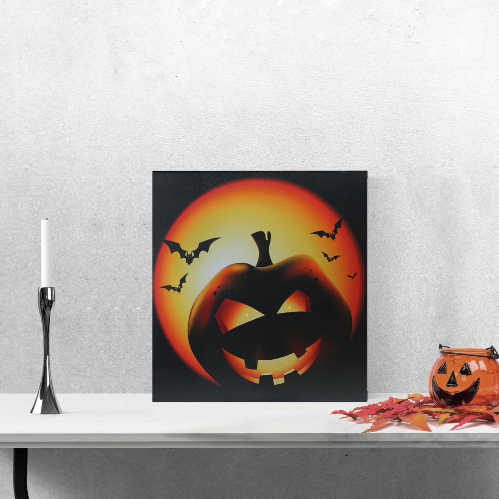 LED Lighted Bats and Jack-O-Lantern Halloween Canvas Wall Art 19.75" x 19.75". Picture 2