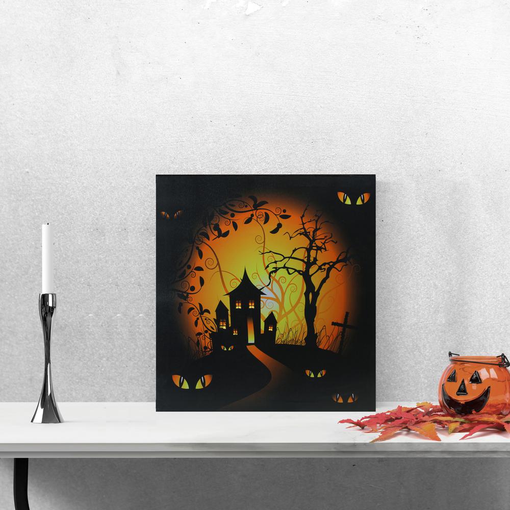 LED Lighted Spooky House Halloween Canvas Wall Art 19.75" x 19.75". Picture 2