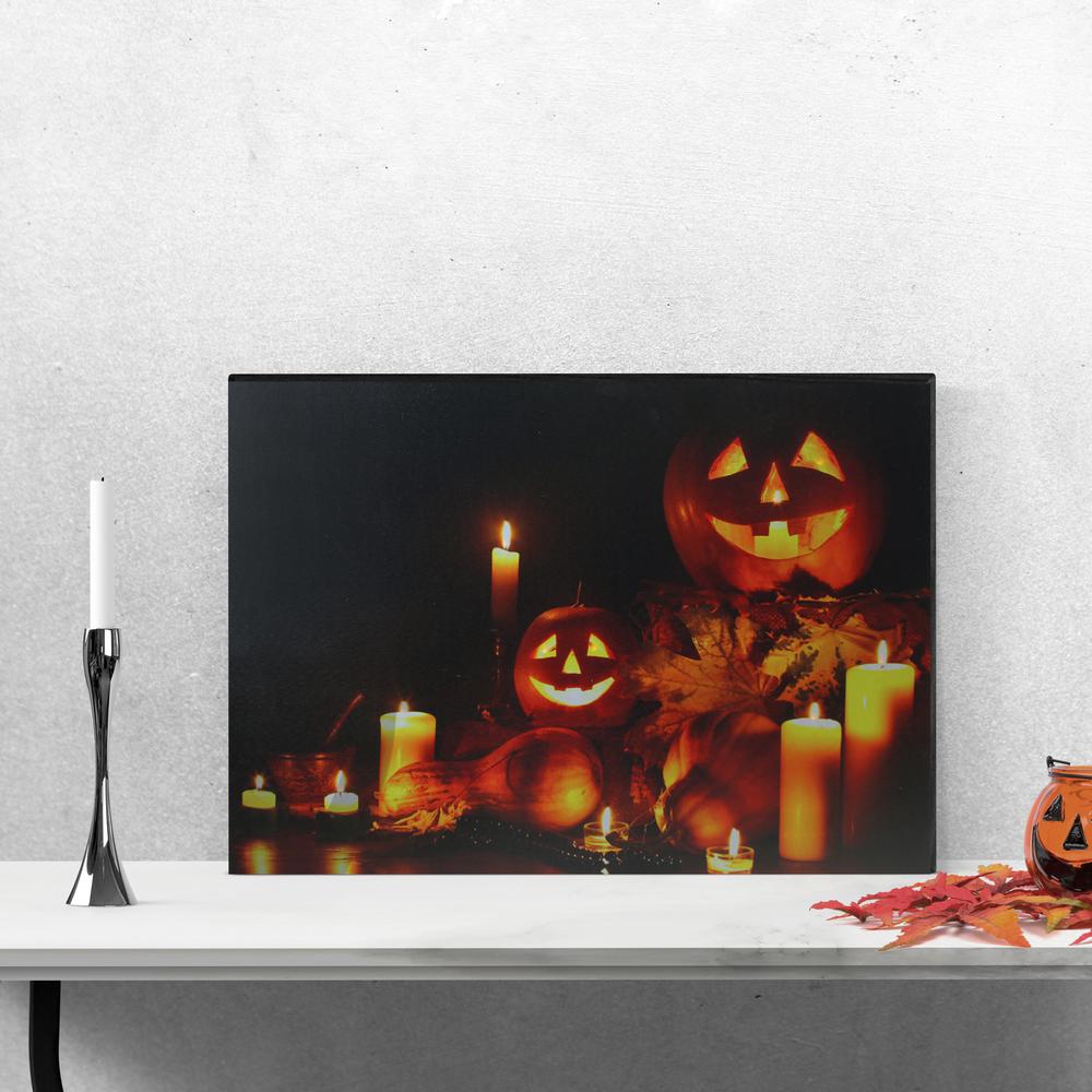 LED Lighted Jack-O-Lanterns and Leaves Halloween Canvas Wall Art 15.75" x 23.5". Picture 2