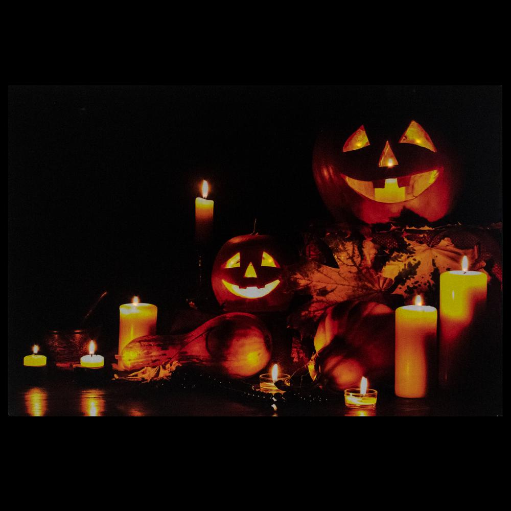 LED Lighted Jack-O-Lanterns and Leaves Halloween Canvas Wall Art 15.75" x 23.5". Picture 4