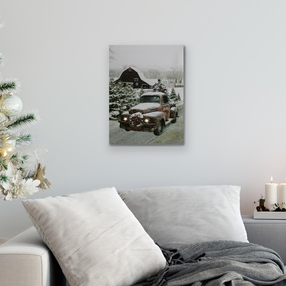 LED Lighted Fiber Optic Truck with Tree Christmas Canvas Wall Art 15.75"  x 11.75". Picture 2