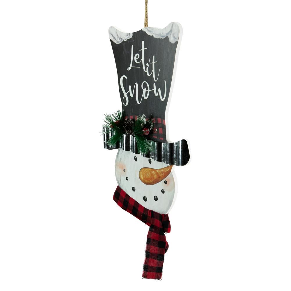 17" Wooden 'Let it Snow' Snowman with Plaid Scarf Christmas Wall Sign. Picture 3