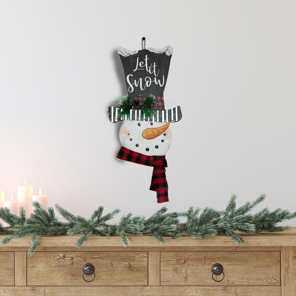17" Wooden 'Let it Snow' Snowman with Plaid Scarf Christmas Wall Sign. Picture 2