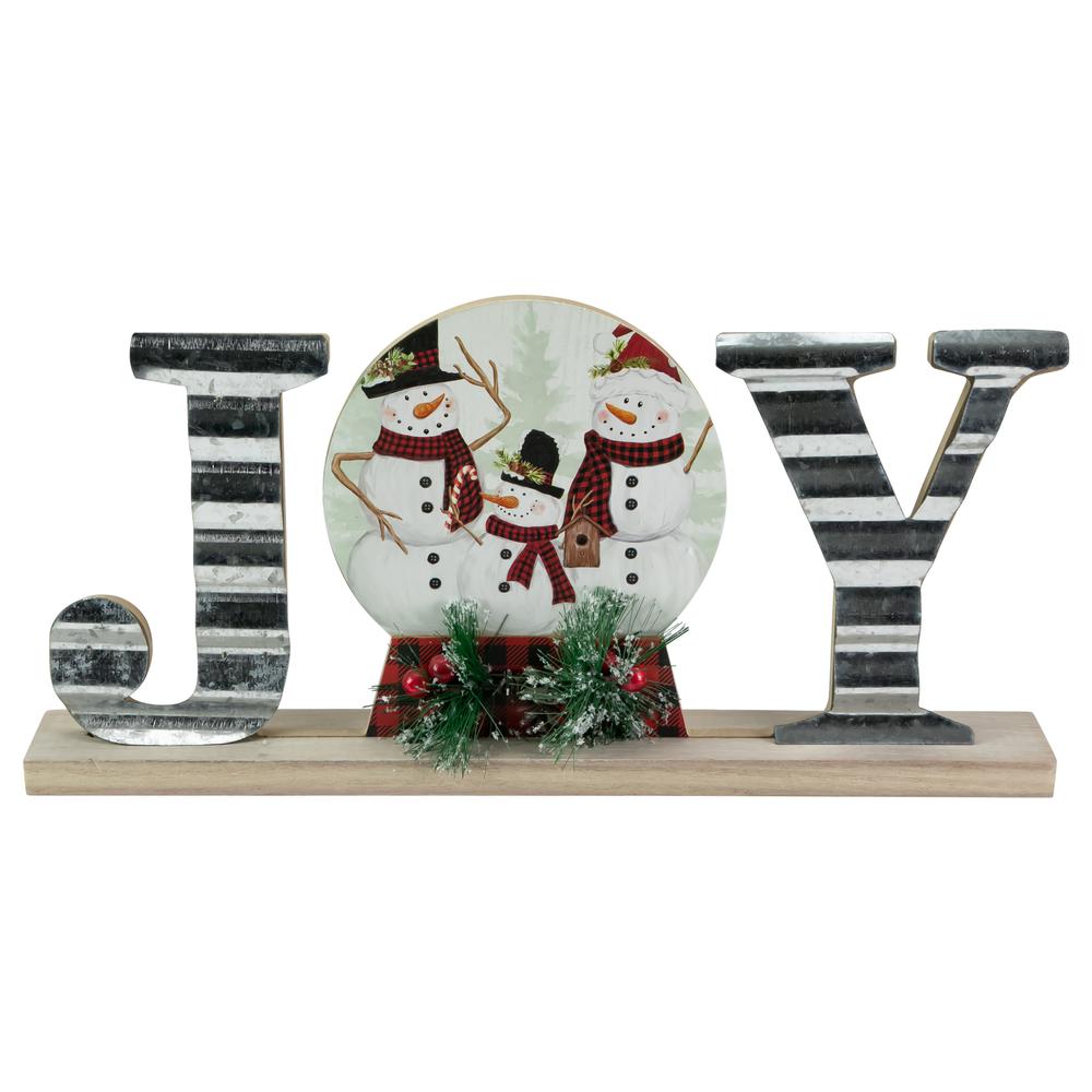 15" Galvanized Metal and Wooden 'Joy' Snowman Family Christmas Sign. Picture 1