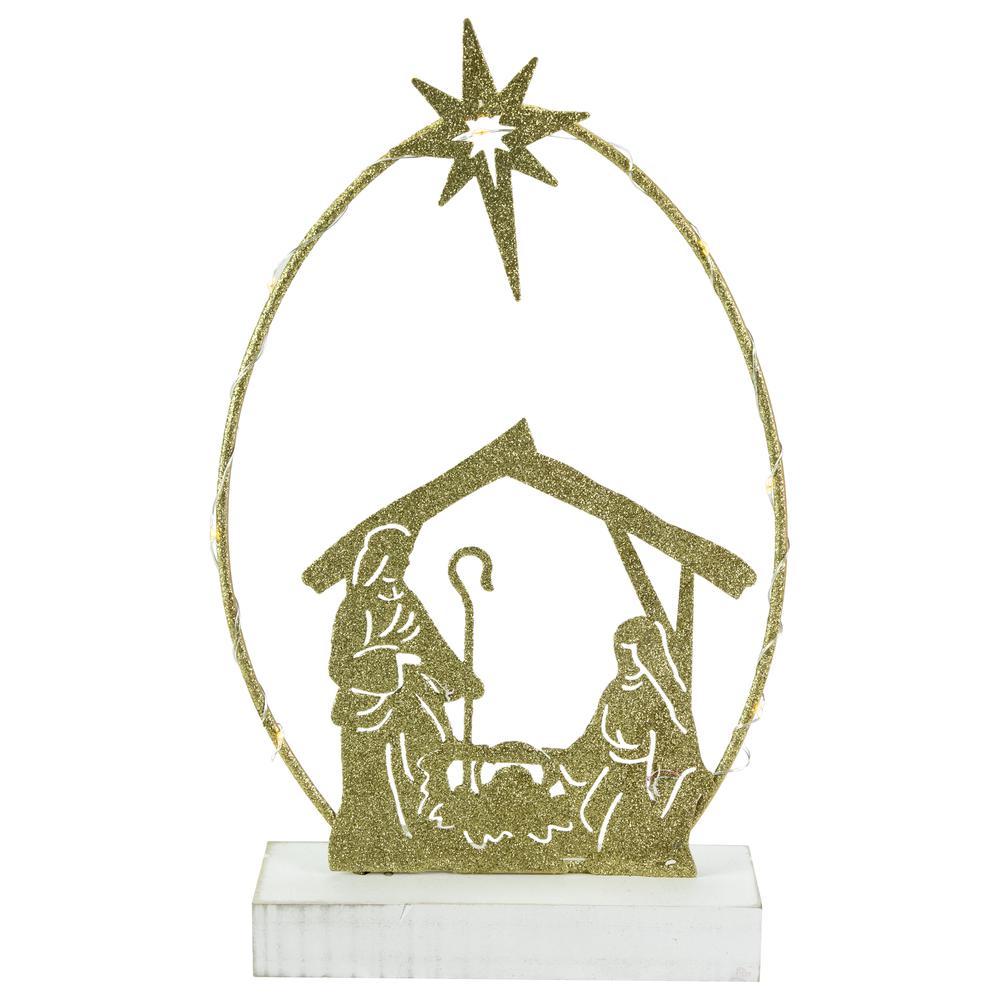 14" LED Lighted Golden Glitter Holy Family Nativity Scene Christmas Decoration. Picture 1