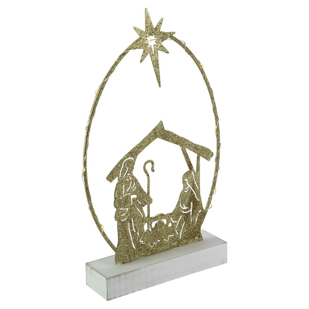 14" LED Lighted Golden Glitter Holy Family Nativity Scene Christmas Decoration. Picture 3