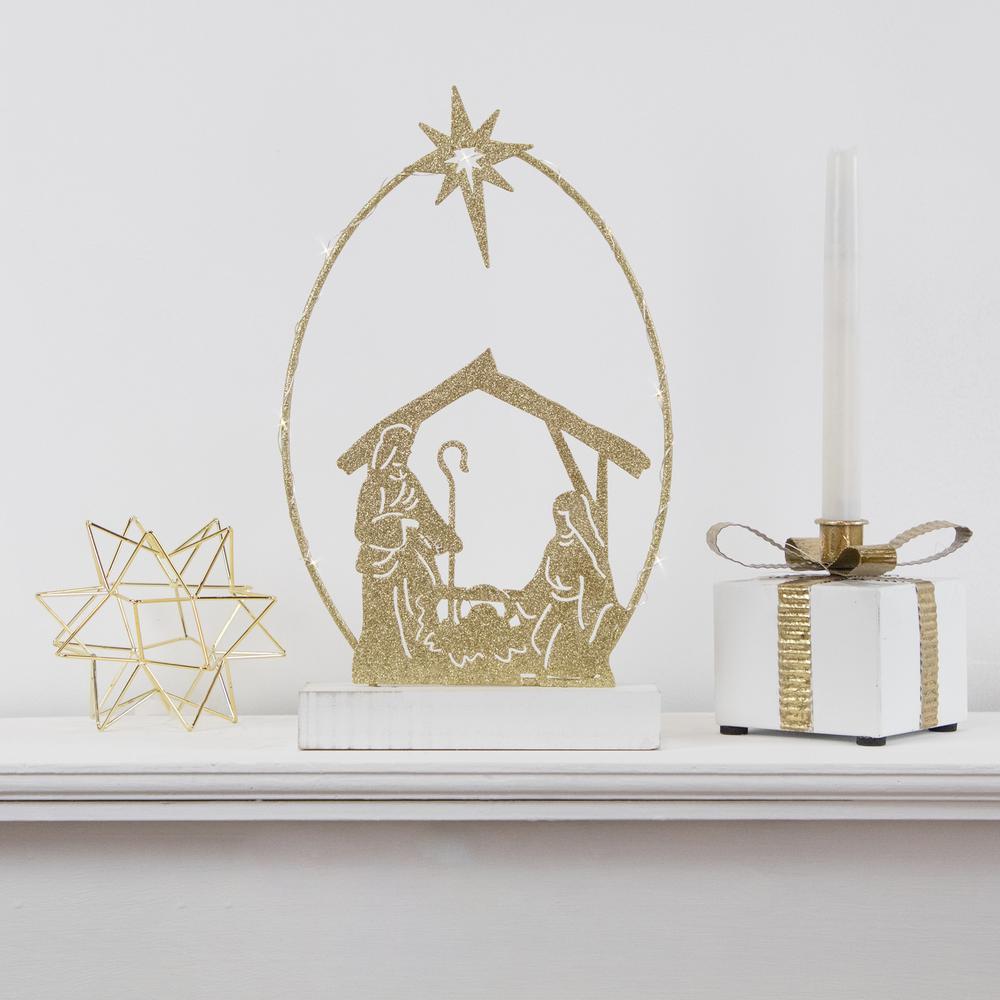 14" LED Lighted Golden Glitter Holy Family Nativity Scene Christmas Decoration. Picture 2