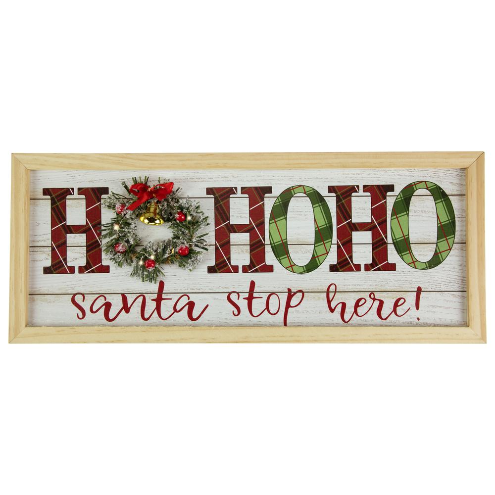 19.75" LED Lighted Plaid 'Ho Ho Ho' Wooden Christmas Wall Sign. Picture 1