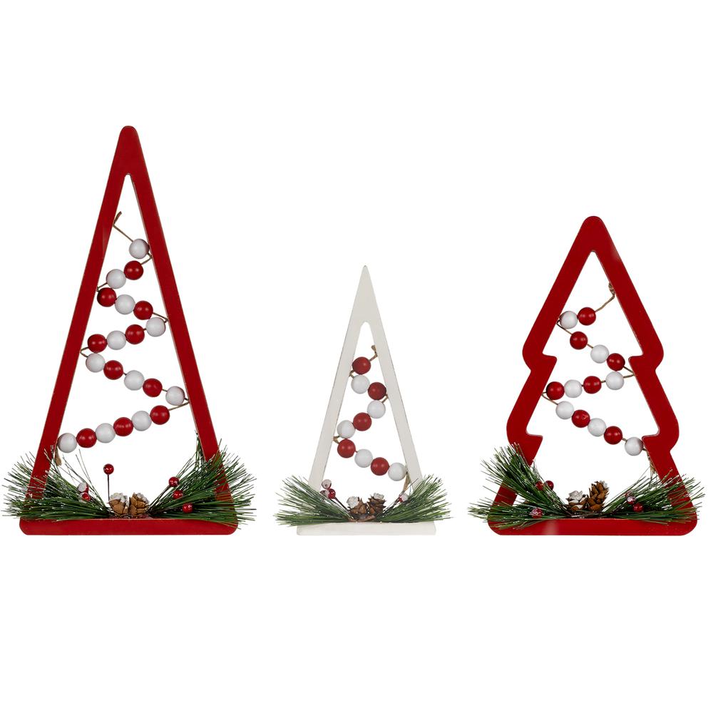 Set of 3 Red and White Beaded Christmas Trees Wooden Table Decorations 11.75". Picture 1
