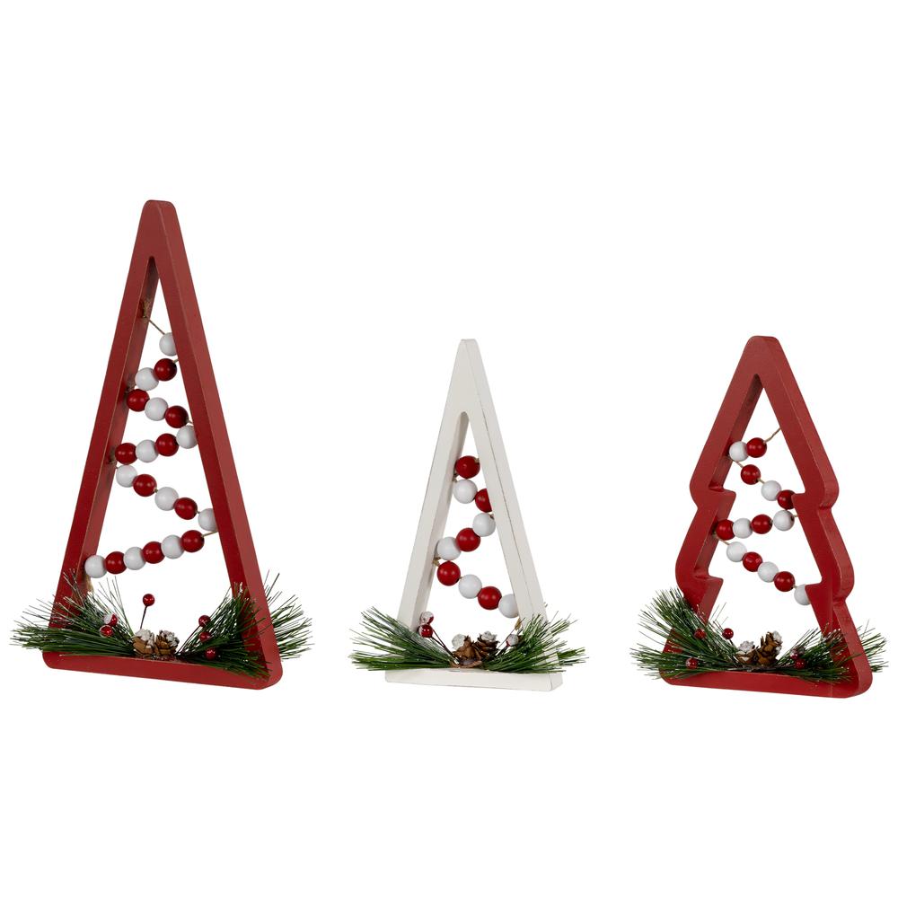 Set of 3 Red and White Beaded Christmas Trees Wooden Table Decorations 11.75". Picture 7